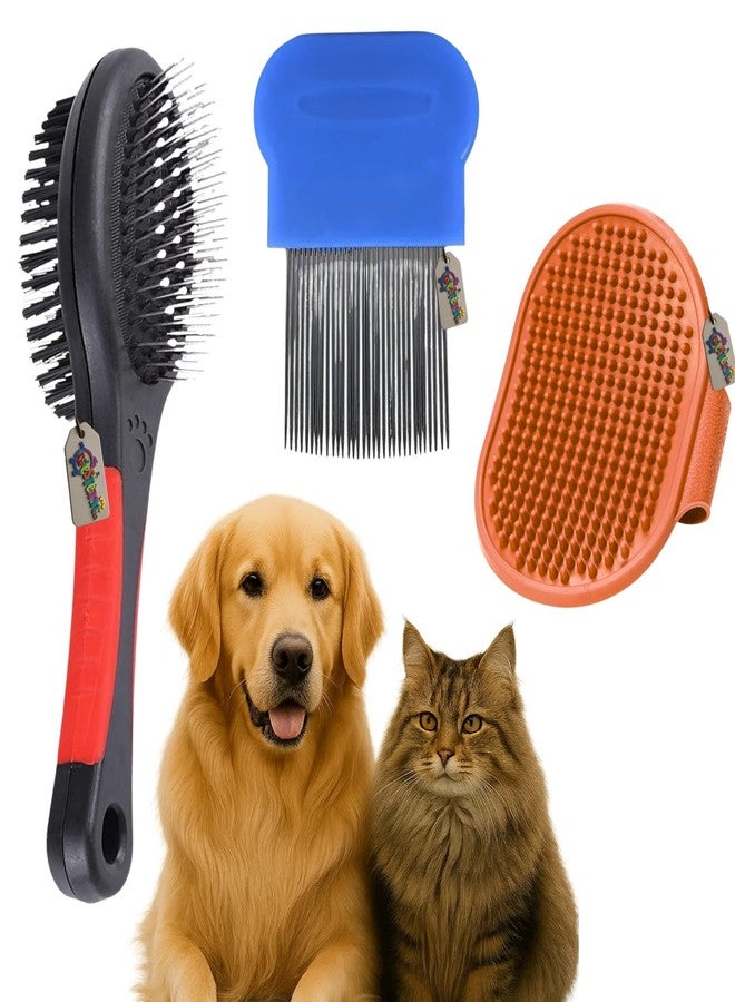 ويستيرن إرا مجموعة العناية بالحيوانات الأليفة 3 في 1 من ويسترن إيرا للكلاب والقطط | فرشاة بمقبض بلاستيكي مزدوج الجوانب | مشط للبراغيث والقراد بحجم راحة اليد، دبابيس معدنية طويلة | تدليك راحة اليد وإزالة الشعر الزائد من المطاط الناعم (عشوائي) - Image 1